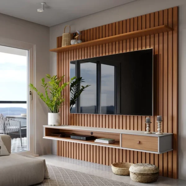 Painel Ripado Home para TV até 75 Polegadas 1 Gaveta 1 Nicho Detroit Tebarrot Nature/Off White