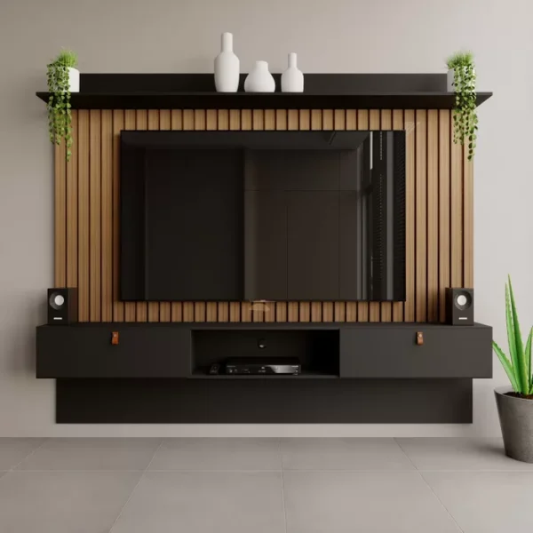 Painel para TV até 70 Polegadas 2 Portas 1 Nicho Ômega Yescasa Preto/Amadeirado Montana